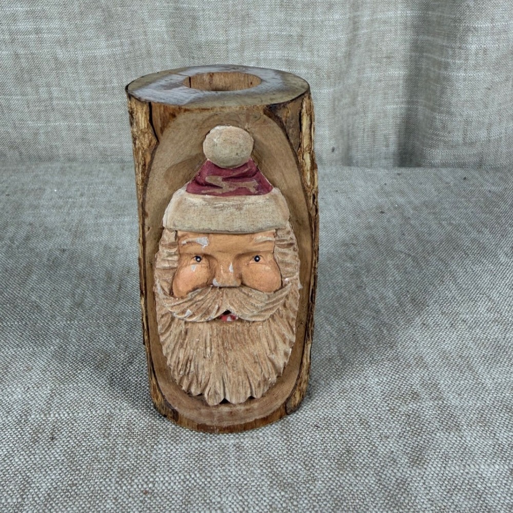 Vintage Hand Carved Wood Log Santa Candle Holder Folk Art 5 Inch